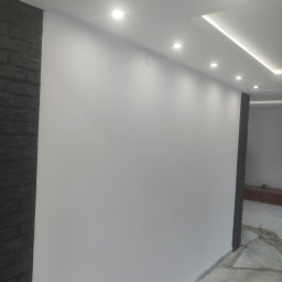 SF-Wykończenia Wnętrz (Quality) - Świeżo pomalowana, jasna ściana w pokoju z czarną, dekoracyjną okładziną przypominającą cegłę po bokach, widoczne punkty świetlne w suficie podwieszanym.