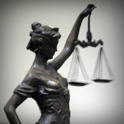 Brązowa statuetka Temidy z zasłoniętymi oczami, trzymająca wagę sprawiedliwości na tle jasnego tła.