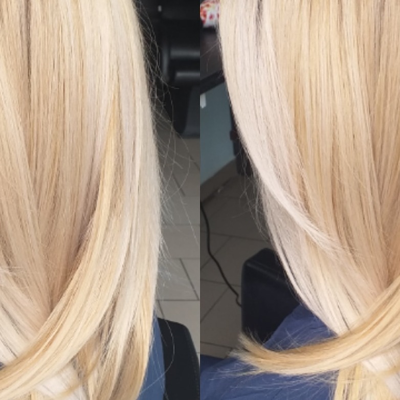 Jasne, proste włosy blond z delikatnymi refleksami, widoczne od tyłu, stylizacja z lekkim podkręceniem na końcach.