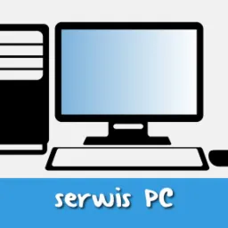 Graficzna reprezentacja zestawu komputerowego: obudowa, monitor, klawiatura i mysz, z napisem 'serwis PC' na niebieskim pasku.