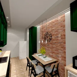 Wizualizacja kuchni z ciemnozielonymi szafkami, ceglaną ścianą, drewnianym stołem z czterema krzesłami i czarnym zegarem na ścianie.