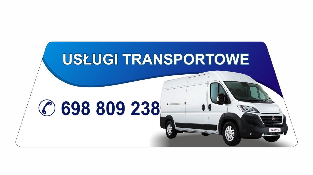 Grafika reklamowa przedstawiająca biały samochód dostawczy marki Fiat Ducato, numer telefonu 698 809 238 oraz napis 'Usługi Transportowe' na białym tle z niebieskim akcentem.