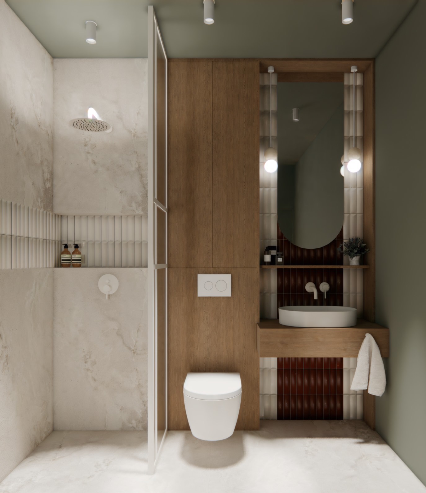 Nowoczesna łazienka z kabiną prysznicową typu walk-in, drewnianą zabudową i umywalką wpuszczaną w blat. Minimalistyczny design, beżowe płytki imitujące marmur.