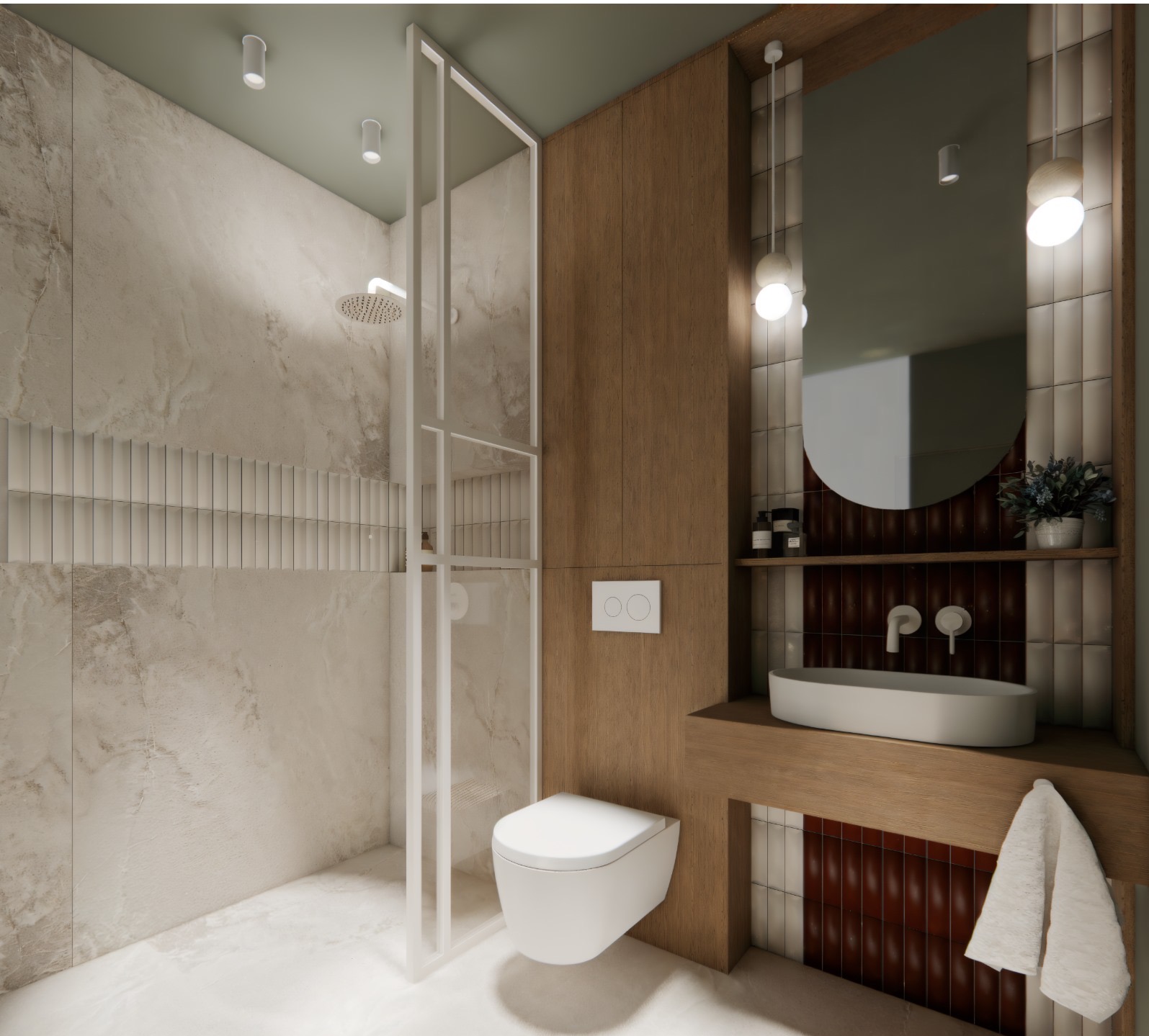 Nowoczesna łazienka z kabiną prysznicową typu walk-in, umywalką nablatową i drewnianymi akcentami. Minimalistyczny design z subtelnym oświetleniem i beżową kolorystyką.