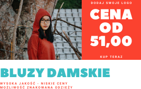 Portret kobiety w okularach i czerwonej bluzie z kapturem na tle kory drzewa, obok czerwonego prostokąta z tekstem 'Cena od 51,00' i napisem 'Bluzy damskie' na dole.