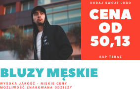 Mężczyzna w czarnej bluzie z kapturem, prezentowany na tle budynku, z elementami graficznymi i tekstem reklamowym 'Cena od 50,13', 'Bluzy męskie', 'Dodaj swoje logo', 'Kup teraz', 'Wysoka jakość -...