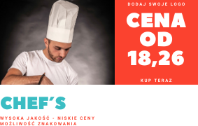 Portret mężczyzny w czapce kucharskiej, spoglądającego w dół, z fragmentem logo 'CHEF'S' oraz informacją o cenie 'CENA OD 18,26' na czerwonym tle.