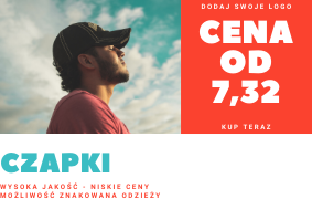 Mężczyzna w czapce z daszkiem, profil, skierowany w górę w stronę błękitnego nieba z chmurami. Obok czerwony prostokąt z napisem 'CENA OD 7,32' i 'KUP TERAZ'. Na dole napis 'CZAPKI' oraz 'WYSOKA...