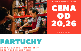 Uśmiechnięta kobieta w czerwonym fartuchu, przygotowuje napoje za barem z podświetlonymi butelkami, obok reklama z napisem 'Cena od 20,26' i hasłem 'Fartuchy'.
