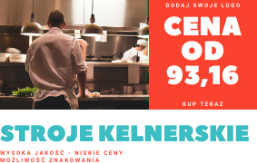 Grafika reklamowa prezentująca stroje kelnerskie z ceną od 93,16 zł, na tle profesjonalnej kuchni restauracyjnej z pracującym kucharzem.