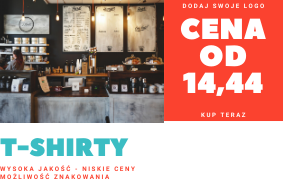 Grafika reklamowa z napisem T-SHIRTY, informacją o wysokiej jakości i niskich cenach oraz możliwości znakowania, na rozmytym tle kawiarni z ekspozycją produktów i klientami. W prawym górnym rogu...