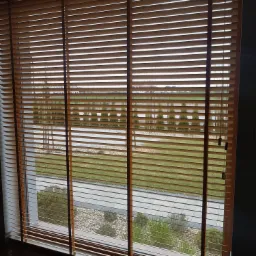 Drewniane żaluzje poziome w kolorze jasnego brązu, widok na ogród z trawnikiem, ścieżką i tujami w tle.