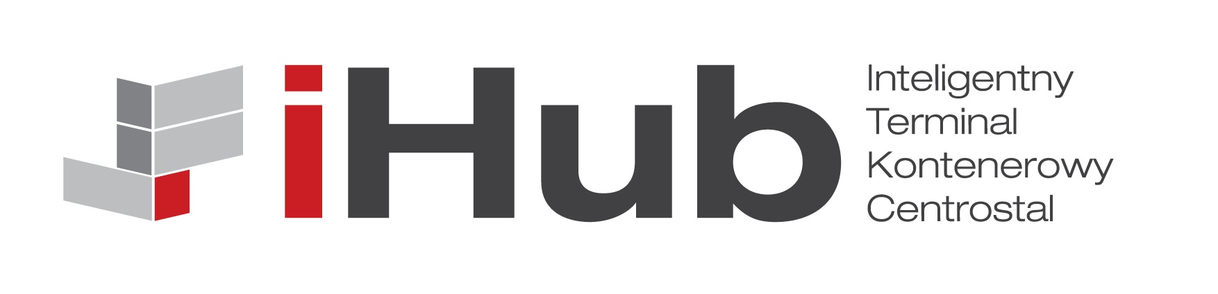 Logo iHub Inteligentny Terminal Kontenerowy Centrostal z graficznym symbolem kontenerów w kolorze szarym i czerwonym.