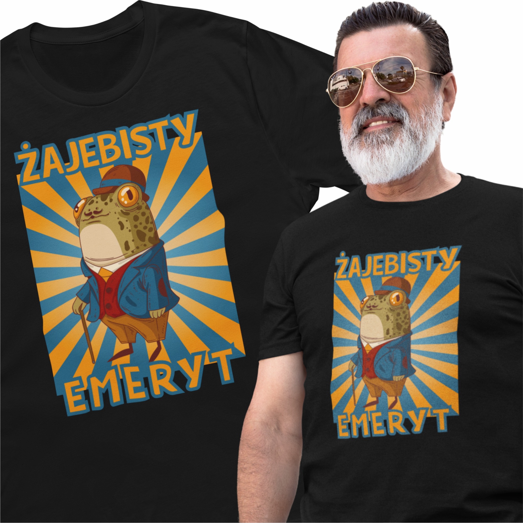 Czarna koszulka z nadrukiem żaby emeryta w stylu retro, prezentowana na mężczyźnie z brodą i okularami przeciwsłonecznymi, obok druga koszulka z tym samym wzorem.