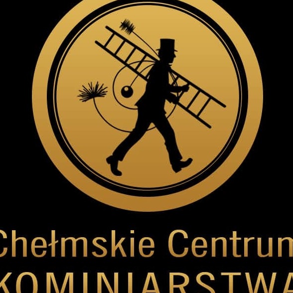 Złote logo firmy kominiarskiej: sylwetka kominiarza z drabiną i szczotką w okręgu, napis 'Chełmskie Centrum KOMINIARSTWA' na czarnym tle.