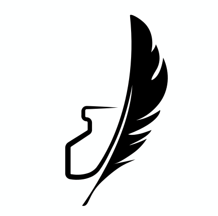 Czarno-biały graficzny symbol pióra i kałamarza, stylizowany na logo.