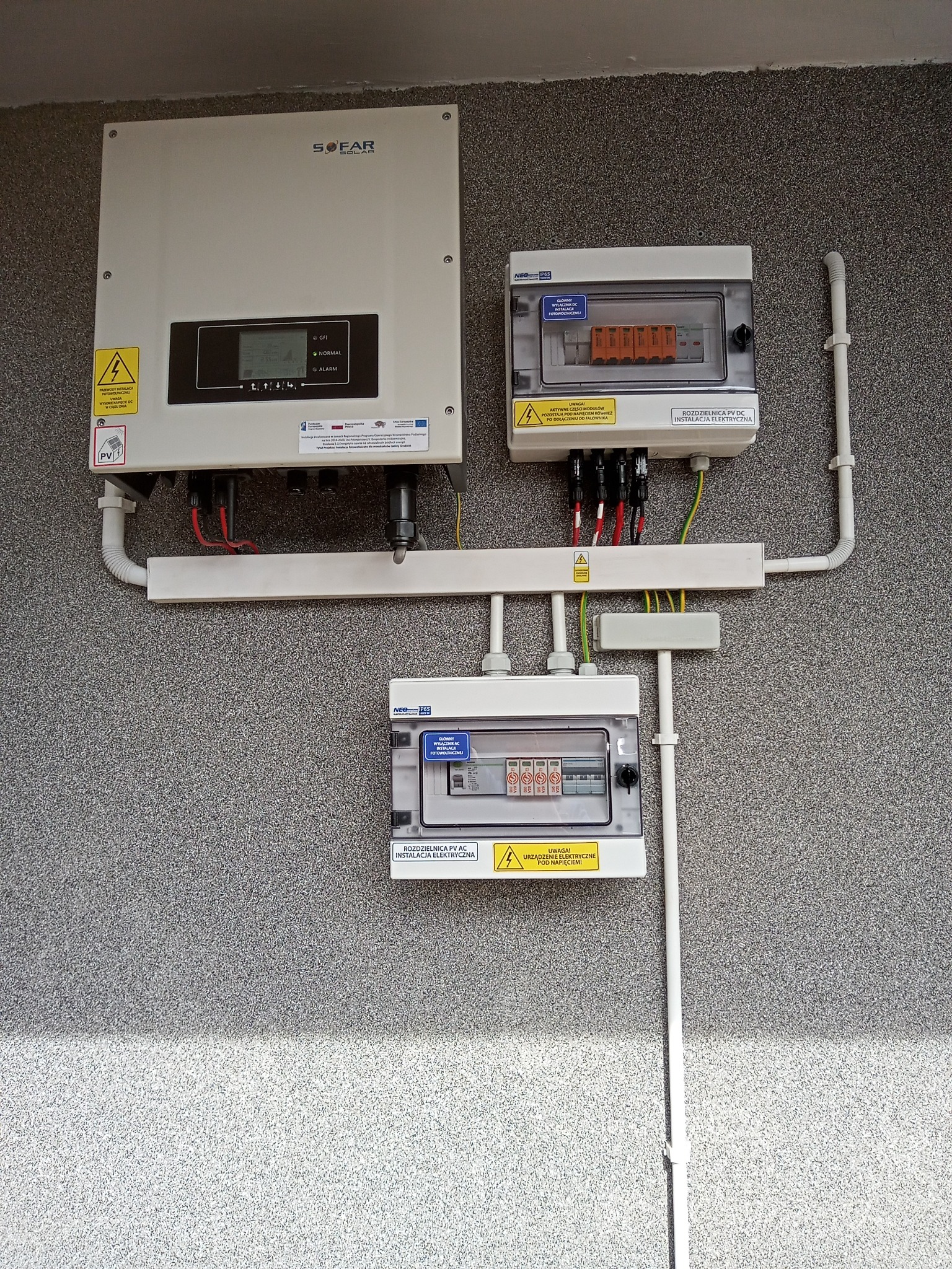 Zamontowany inwerter Sofar Solar z dwoma skrzynkami rozdzielczymi PV DC i AC na szarej, chropowatej ścianie zewnętrznej.