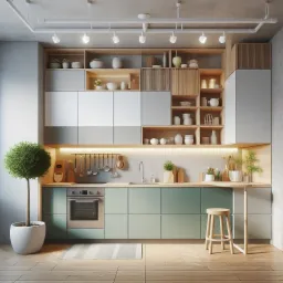 Nowoczesna kuchnia z minimalistyczną zabudową w odcieniach szarości, bieli i zieleni, oświetlona punktowymi lampami sufitowymi, z drewnianymi blatami i dodatkami, uzupełniona o drzewko w doniczce...
