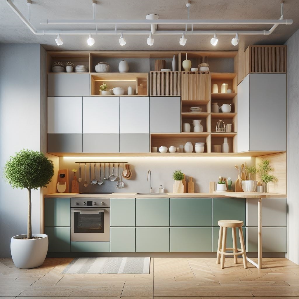 Nowoczesna kuchnia z minimalistyczną zabudową w odcieniach szarości, bieli i zieleni, oświetlona punktowymi lampami sufitowymi, z drewnianymi blatami i dodatkami, uzupełniona o drzewko w doniczce...