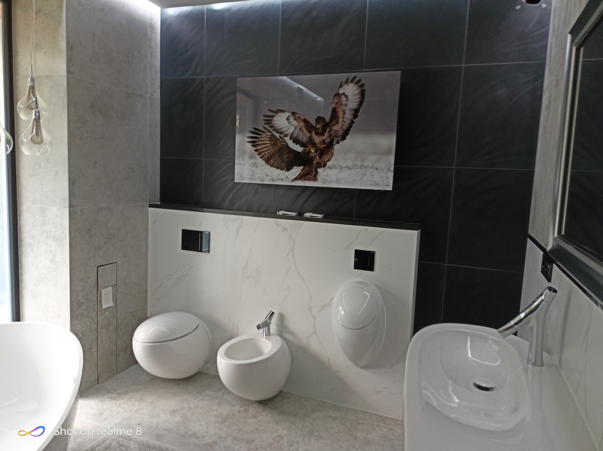 Nowoczesna łazienka z czarno-białymi płytkami, wiszącą toaletą, bidetem i umywalką. Na ścianie obraz z orłami. Minimalistyczny design, oświetlenie LED.