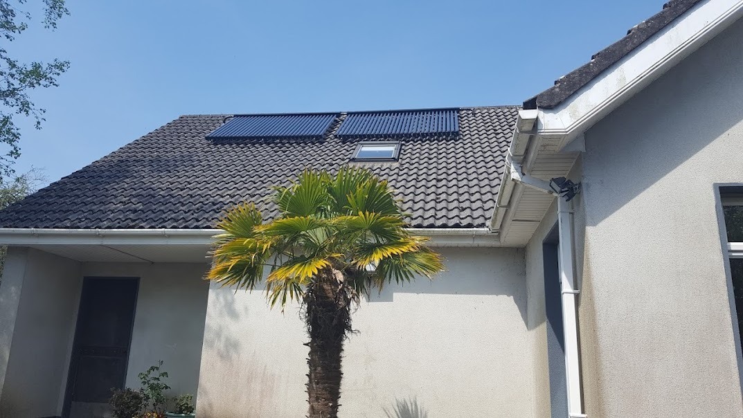 Dom jednorodzinny z szarym dachem, na którym zamontowano kolektory słoneczne rurowe oraz okno dachowe, na pierwszym planie palma.
