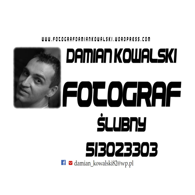 Wizytówka fotografa: czarno-białe zdjęcie portretowe mężczyzny w lewym górnym rogu, obok imię i nazwisko, zawód 'Fotograf Ślubny', numer telefonu i adres e-mail na białym tle.