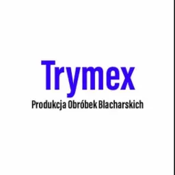 Logo firmy Trymex specjalizującej się w produkcji obróbek blacharskich, nazwa w kolorze niebieskim, napis na białym tle.