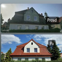 Solid-Dach - Porównanie stanu dachu domu przed i po renowacji: stary, ciemny dach z widocznymi pracownikami na rusztowaniu kontra nowy, czerwony dach z błyszczącą dachówką.