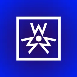 Białe logo z literą W i stylizowanymi promieniami w kwadracie na niebieskim tle.