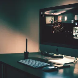 Ekran komputera iMac prezentujący stronę internetową kina 'Uciecha' z Otwocka, widoczny tablet graficzny, klawiatura, mysz i smartfon na biurku w stonowanej kolorystyce.