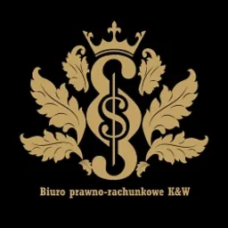 Elegancki, złoty symbol paragrafu opleciony liśćmi akantu i zwieńczony koroną na czarnym tle, poniżej napis 'Biuro prawno-rachunkowe K&W'.