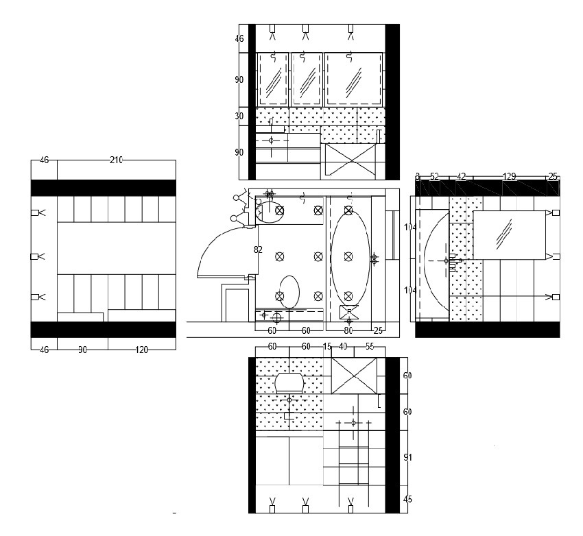 Rzut techniczny łazienki z wymiarami, prezentujący rozmieszczenie armatury, oświetlenia i mebli.