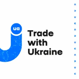 Niebieskie logo w kształcie litery U z napisem 'Trade with Ukraine' na białym tle z powtarzającym się wzorem małych niebieskich liter U.