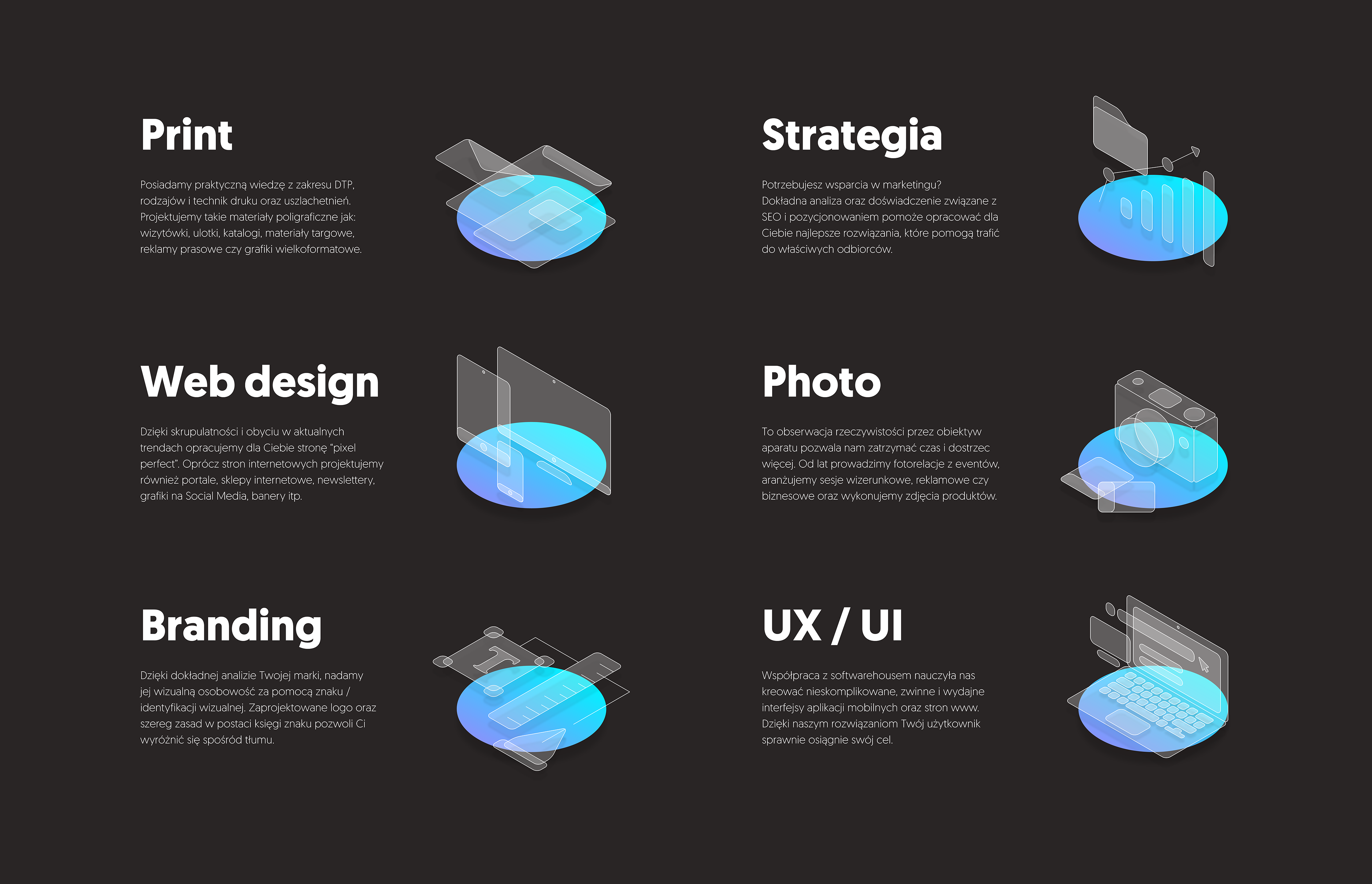 Zestaw ikon prezentujących różne aspekty usług cyfrowych i poligraficznych: druk, strategia, projektowanie stron internetowych, fotografia, branding oraz UX/UI, utrzymane w minimalistycznej...