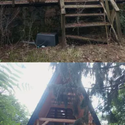 Porównanie stanu przed i po remontu domu w stylu A-frame, ukazujące odnowioną elewację, schody i taras, z uwzględnieniem nowoczesnych balustrad i jasnego drewna.