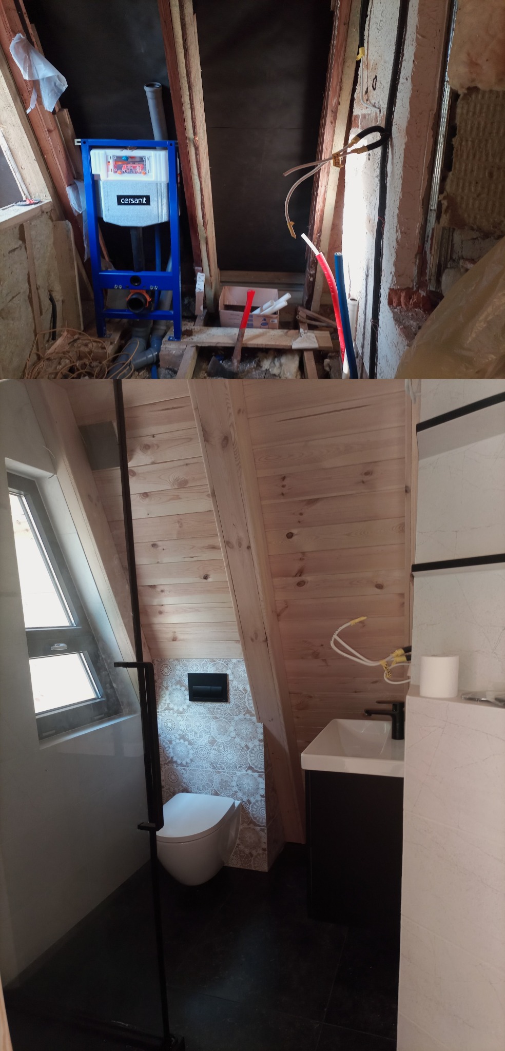 Poddasze w trakcie remontu: widoczny stelaż podtynkowy WC marki Cersanit z niepodłączonymi instalacjami, oraz wykończona łazienka z drewnianą boazerią, oknem dachowym i czarną armaturą.