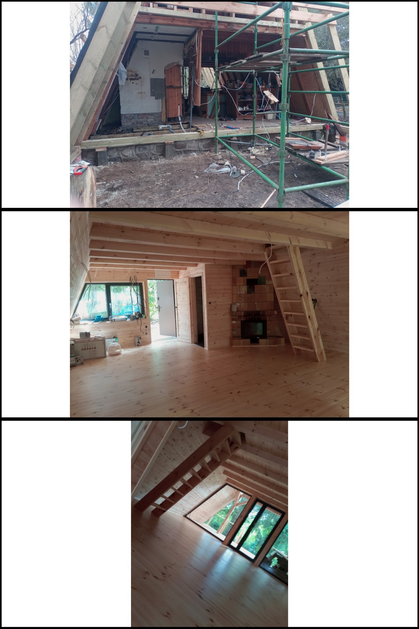 Rozbudowa domu w stylu A-frame: widok z zewnątrz na rusztowania i trwające prace, wnętrze z drewnianą boazerią, schodami i kominkiem, oraz poddasze z oknem.