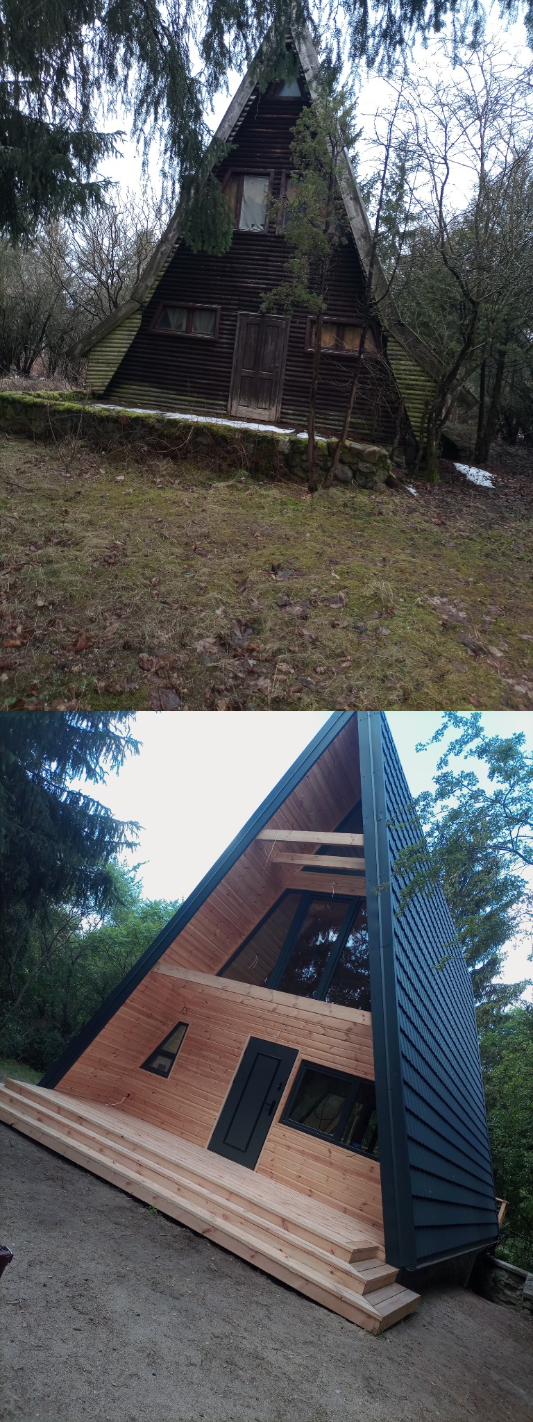 Zdjęcie przedstawia porównanie starego i nowego wyglądu domu w kształcie litery A, otoczonego drzewami. Górna część pokazuje zaniedbany, ciemny dom z drewna, natomiast dolna część prezentuje...