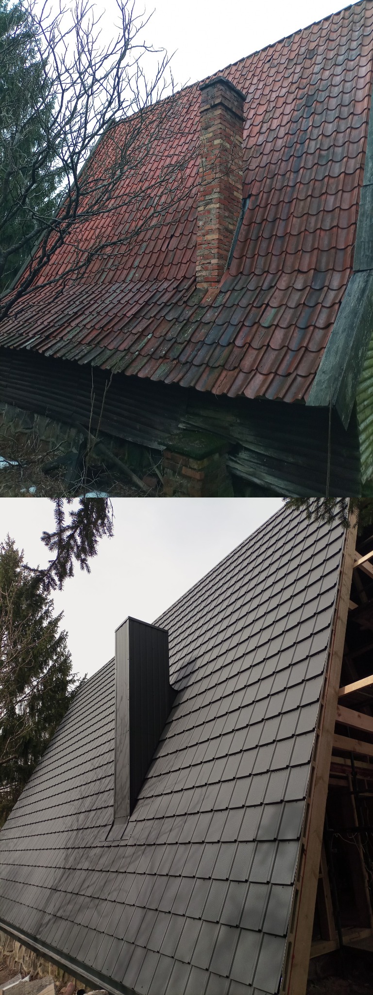 Porównanie dachu przed i po renowacji: Stara, czerwona dachówka z ceglanym kominem kontra nowa, grafitowa dachówka z nowoczesnym, metalowym kominem.