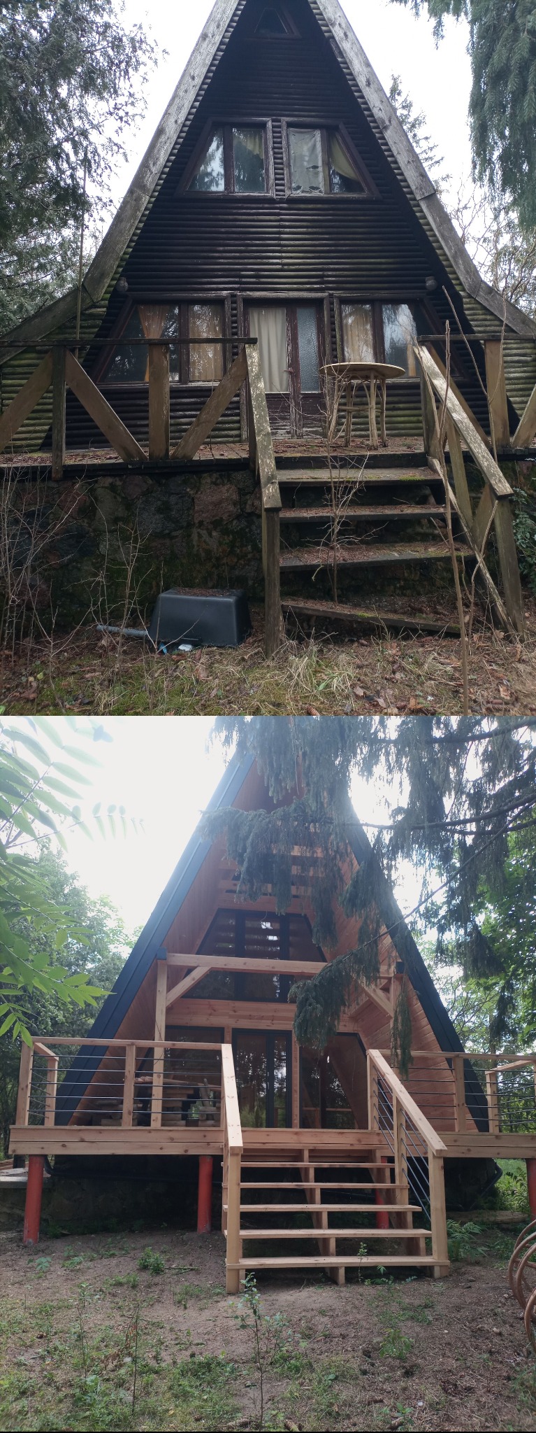 Porównanie stanu przed i po remontu domu w stylu A-frame, ukazujące odnowioną elewację, schody i taras, z uwzględnieniem nowoczesnych balustrad i jasnego drewna.