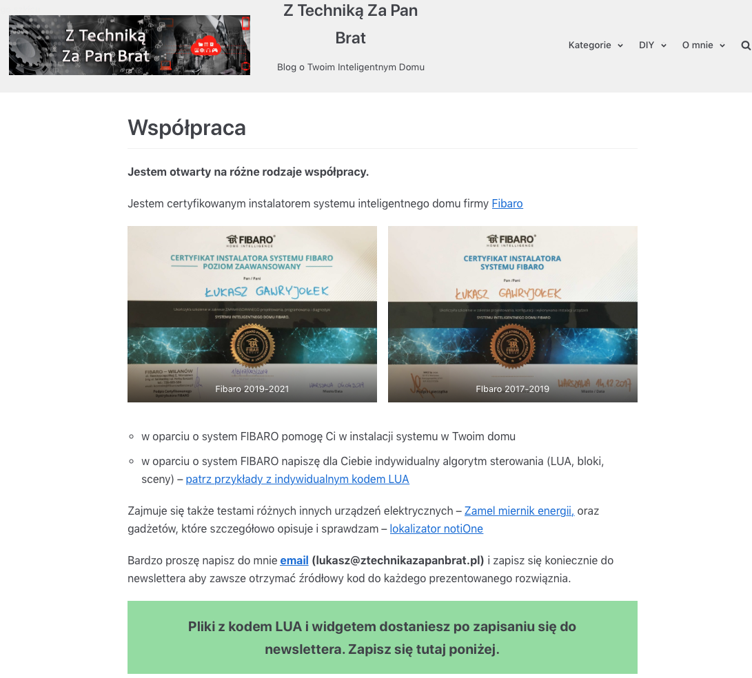Dwa certyfikaty instalatora systemu inteligentnego Fibaro, poziom zaawansowany, z nazwiskiem Łukasz Gawryjołek, jeden z datami Fibaro 2019-2021 i Warszawą 04.04.2019, drugi z datami Fibaro...