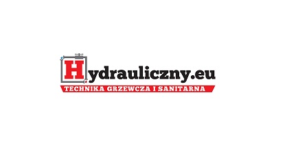 Logo firmy hydraulicznej z czerwonym symbolem 'H' stylizowanym na zawór i napisem 'hydrauliczny.eu' oraz podtytułem 'TECHNIKA GRZEWCZA I SANITARNA'.