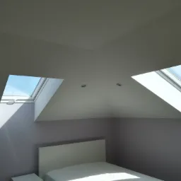 Pokój na poddaszu z dwoma oknami dachowymi, pomalowanymi ścianami na szaro, widoczne oświetlenie punktowe w suficie oraz fragment łóżka z białym zagłówkiem i pościelą.