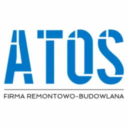 Niebieskie logo firmy remontowo-budowlanej ATOS z charakterystycznymi przerwami w literach na białym tle.