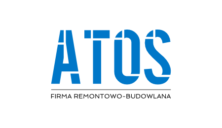 Niebieskie logo firmy remontowo-budowlanej ATOS z charakterystycznymi przerwami w literach na białym tle.