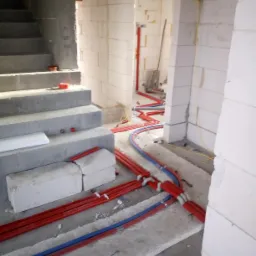 Wnętrze w trakcie budowy z widocznymi rurami instalacji wodnej (czerwone i niebieskie) ułożonymi na podłodze, fragment schodów z betonu i ściany z białych bloczków.