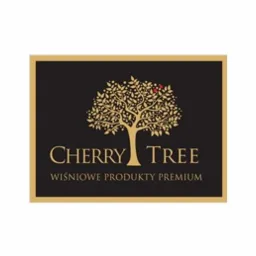 Logo firmy Cherry Tree, wiśniowe produkty premium, drzewo z liśćmi w kolorze złotym na czarnym tle, obramowane złotą ramką.