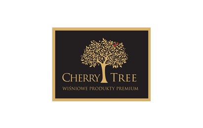 Logo firmy Cherry Tree, wiśniowe produkty premium, drzewo z liśćmi w kolorze złotym na czarnym tle, obramowane złotą ramką.