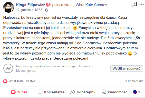 Zrzut ekranu z rekomendacją na Facebooku dotyczącą kreatywnych warsztatów, szczególnie polecanych dla dzieci, z opisem zalet i pozytywnych efektów.