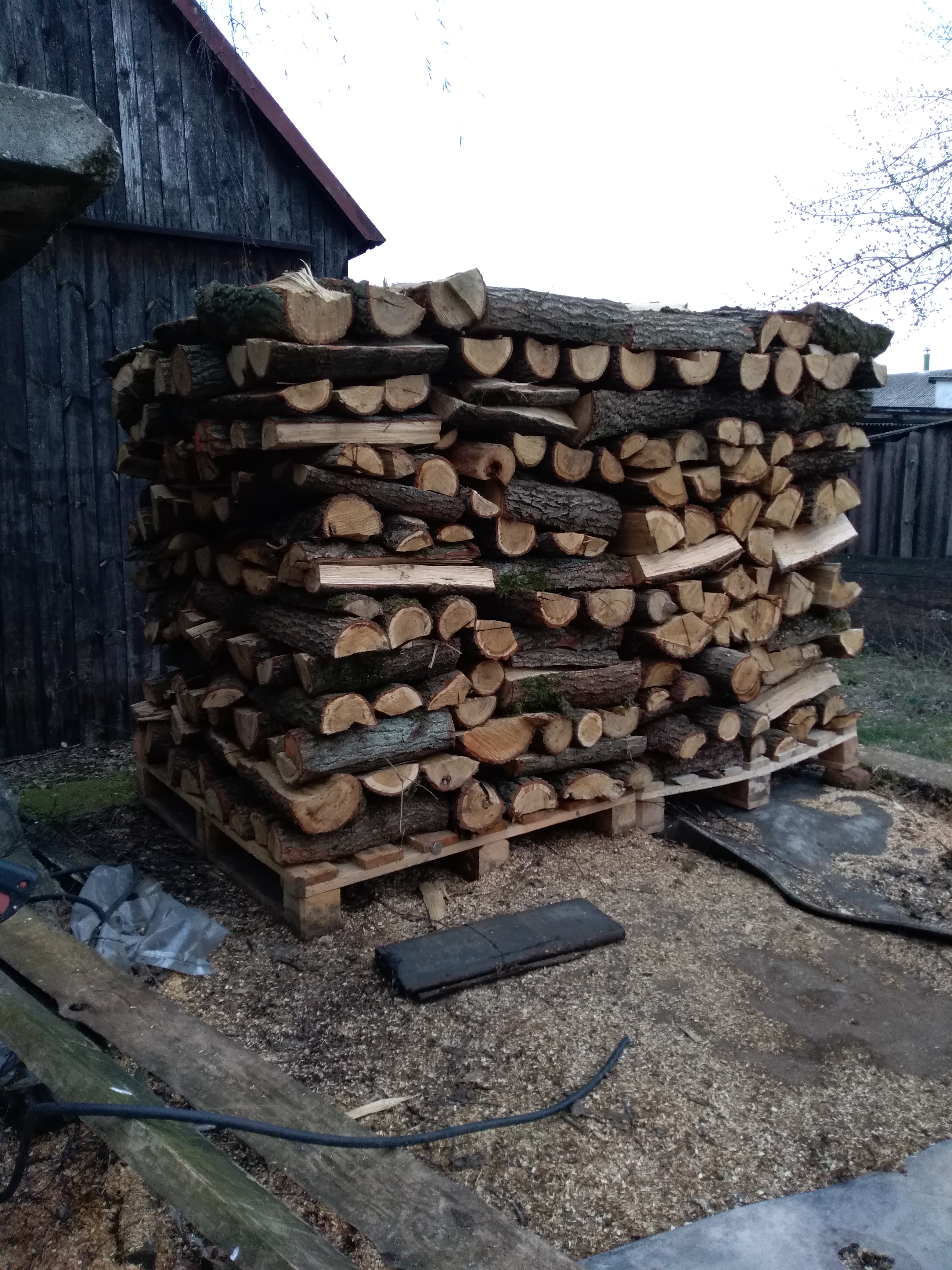Stos drewna kominkowego ułożony na palecie, z widocznymi śladami obróbki i trocinami na ziemi, w tle drewniana szopa.